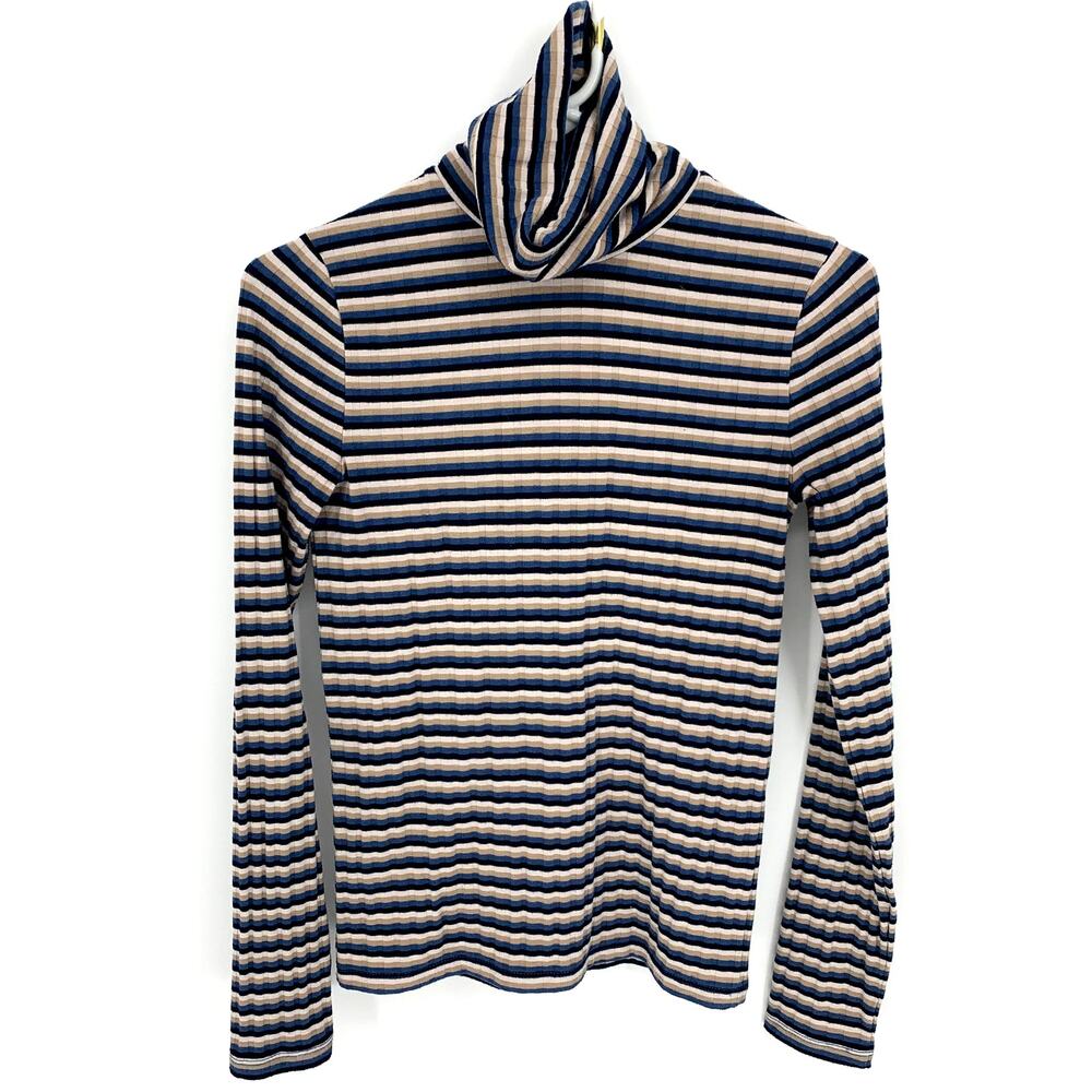 Madewell Women's Blue Tan Striped Long Sleeve Polyester Blend Turtleneck Size S
